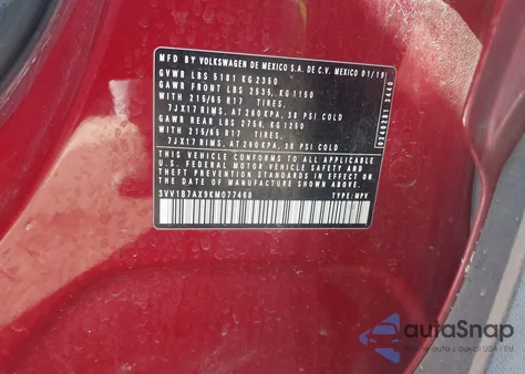 2019 Volkswagen Tiguan 2.0T S z USA, uszkodzony, nr VIN 3VV1B7AX9KM077468